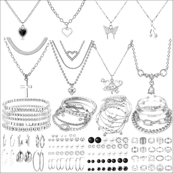 Other - Silver Plated Jewelry Set with Adjustable Necklaces Bracelets Earrings Rings